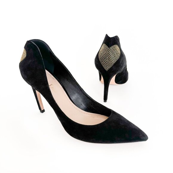 Christian Dior Dioramour Heart Studded Pumps EU 40.5 US 10.5 Black Suede Heels - Picture 1 of 11